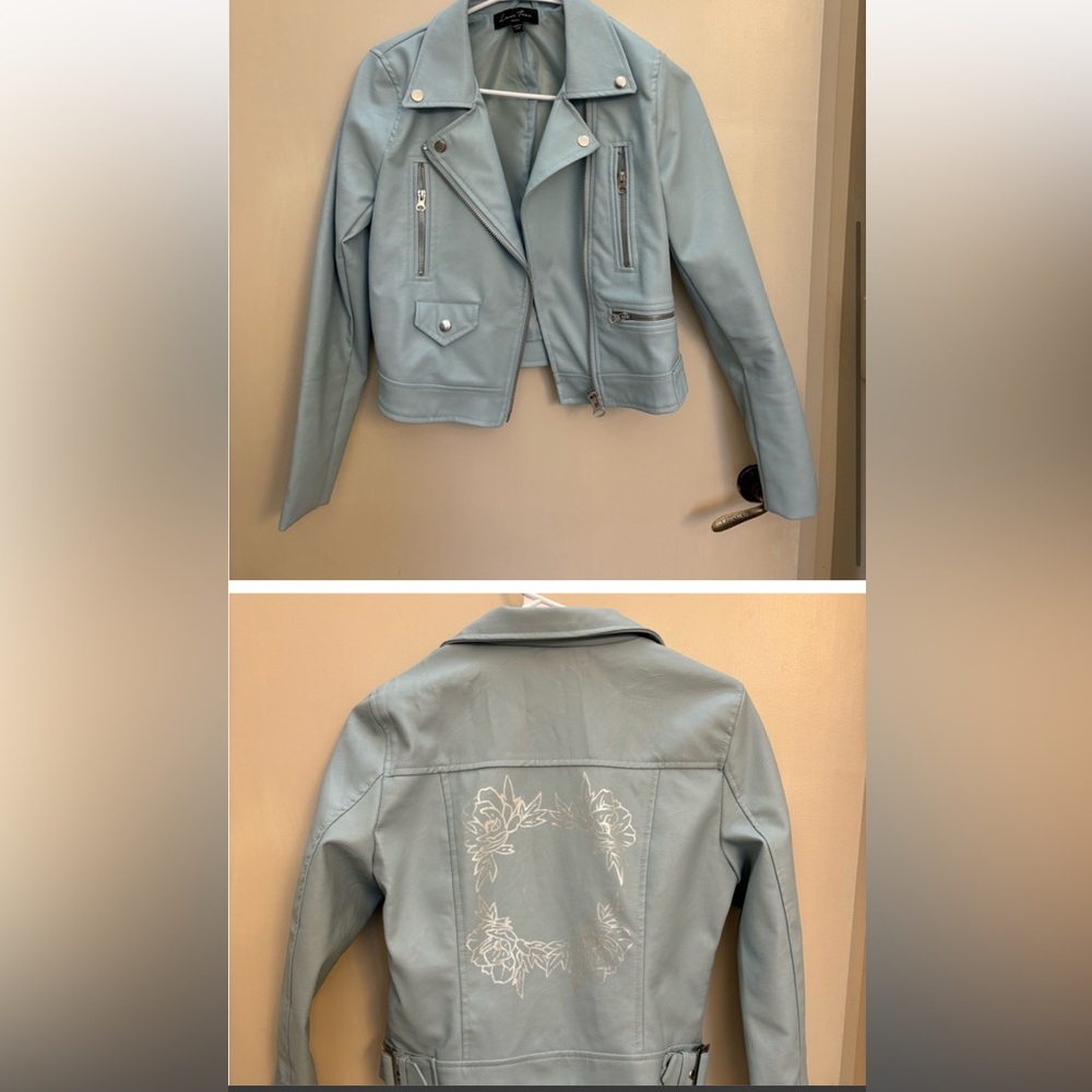 Baby blue vegan leather Moto jacket with silver handpainted floral design